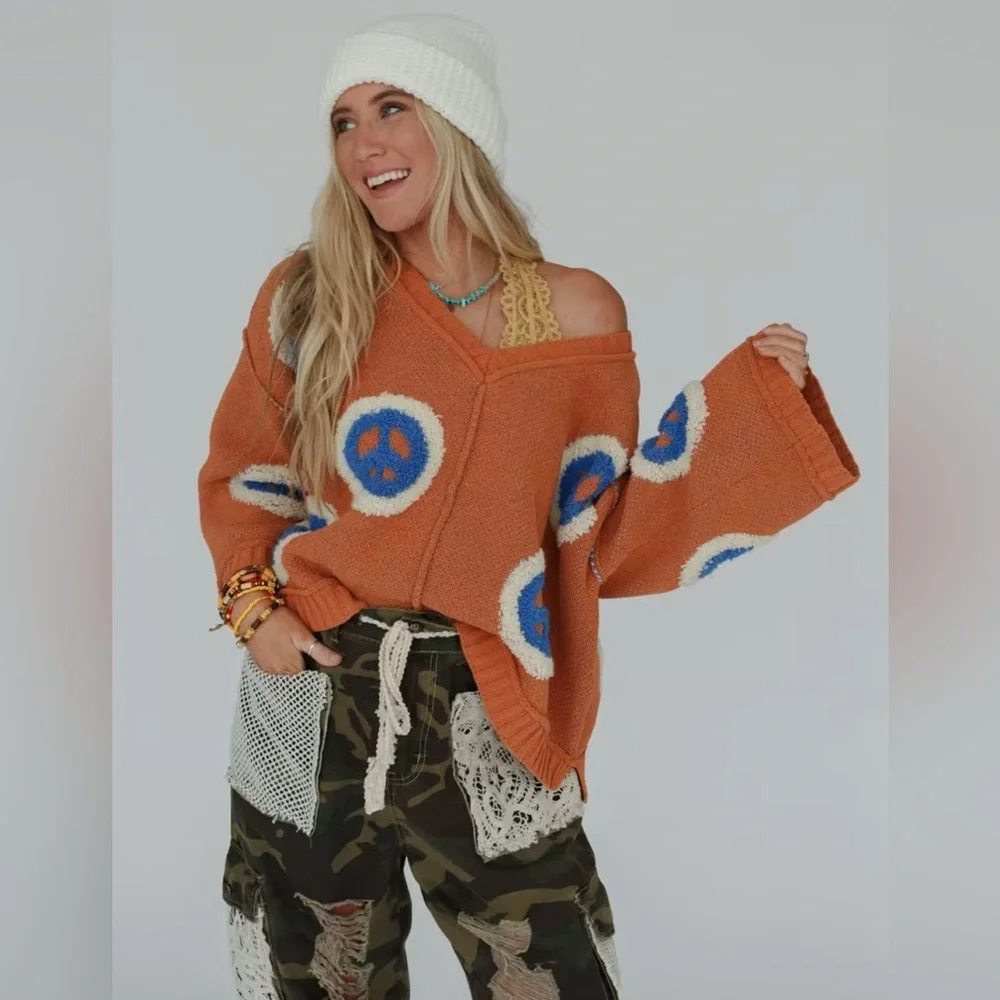 Three Bird Nest • Orange & Blue Chenille Peace Sign V Neck Sweater • Oversized - Picture 2 of 10